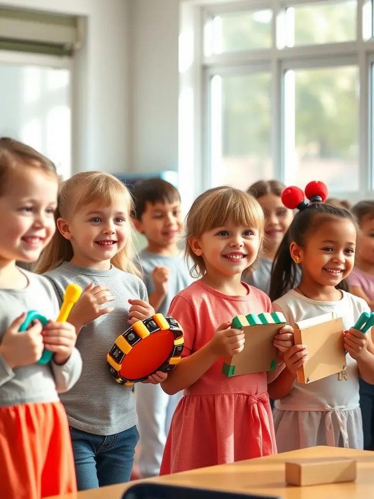 A photograph of children participating in a music workshop organized by HIGHNOON, showing them learning to play instruments and engaging in creative musical activities.
