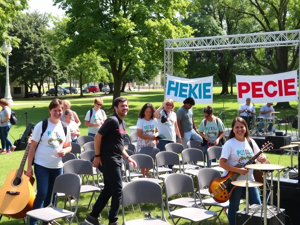 A diverse group of volunteers joyfully setting up chairs and decorations for an outdoor HIGHNOON concert in a sunny park, showcasing community engagement and teamwork.