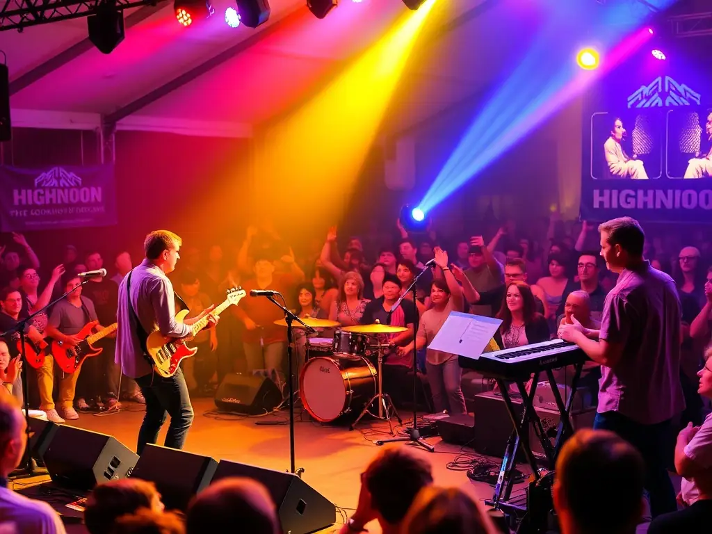 A vibrant image depicting a live musical performance at a HIGHNOON-sponsored concert, showcasing the energy and community engagement of the event. The image should capture the essence of musical creation and cultural celebration.