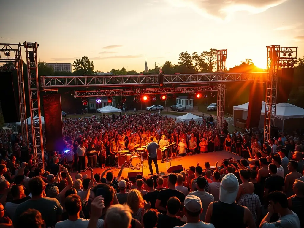 A photograph capturing the vibrant atmosphere of an outdoor summer concert at sunset, featuring a diverse audience enjoying live music, with food trucks and community art installations in the background.