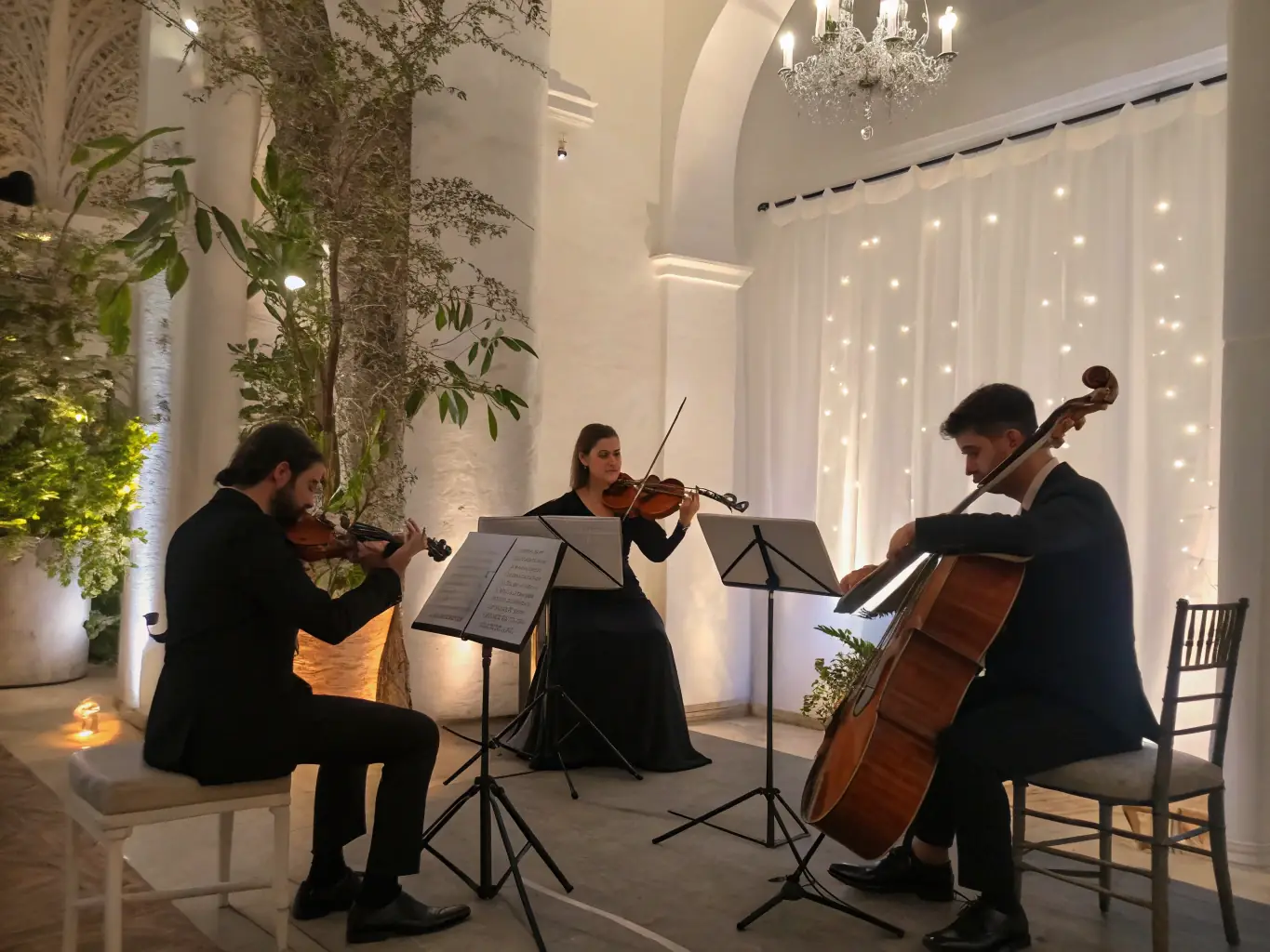 A photograph of a classical music concert in a historic church, featuring a string quartet performing for an attentive audience, with the architectural details of the church enhancing the ambiance.