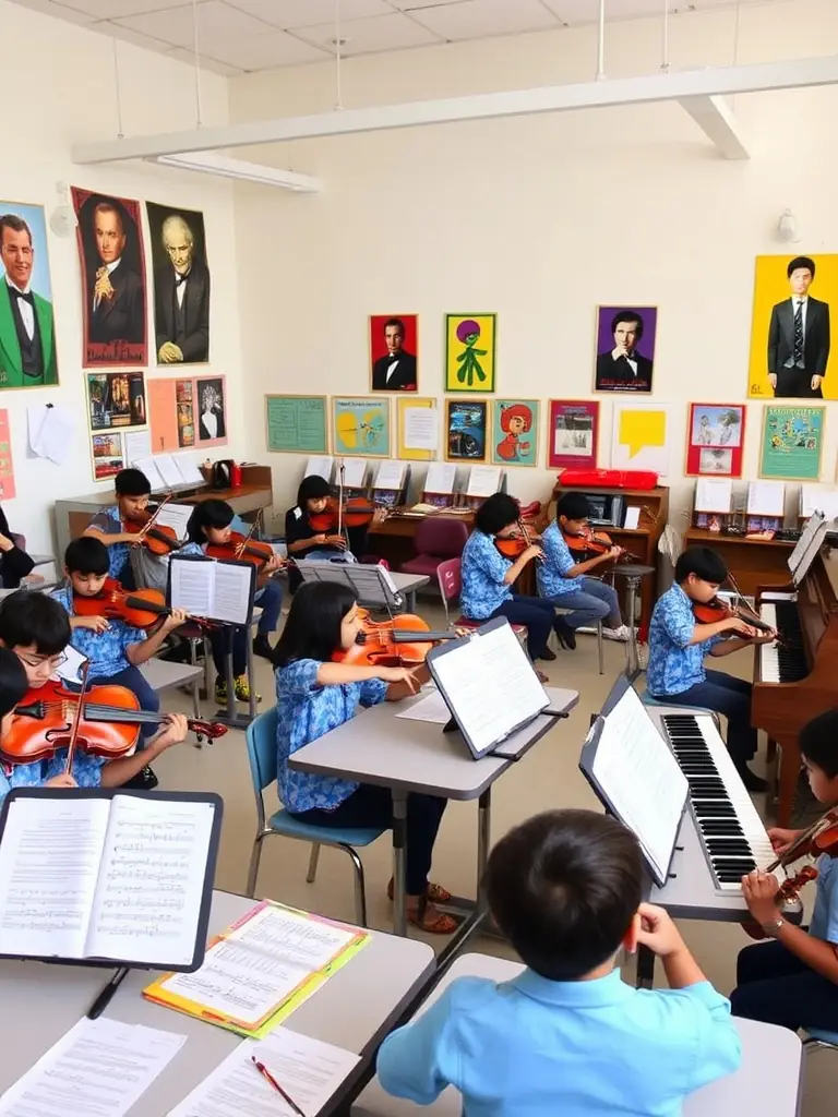 A picture of a collaborative project between HIGHNOON and local schools, showcasing students participating in a musical project, with instruments and instructors present.