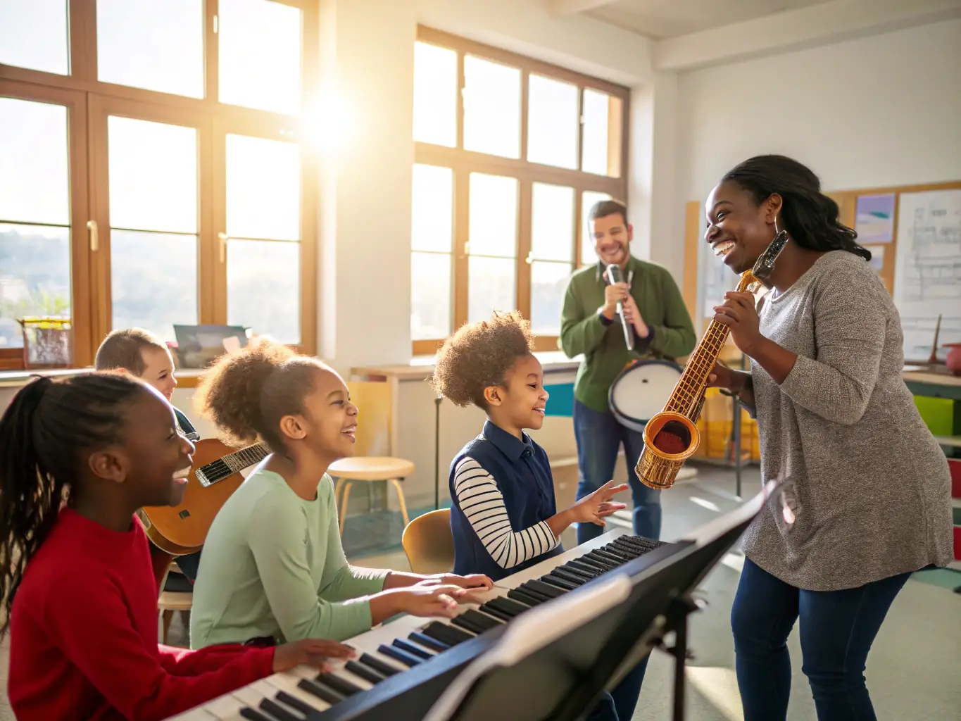 An image of a group of young people participating in a music workshop organized by HIGHNOON, highlighting the organization's commitment to fostering musical talent and providing educational opportunities.