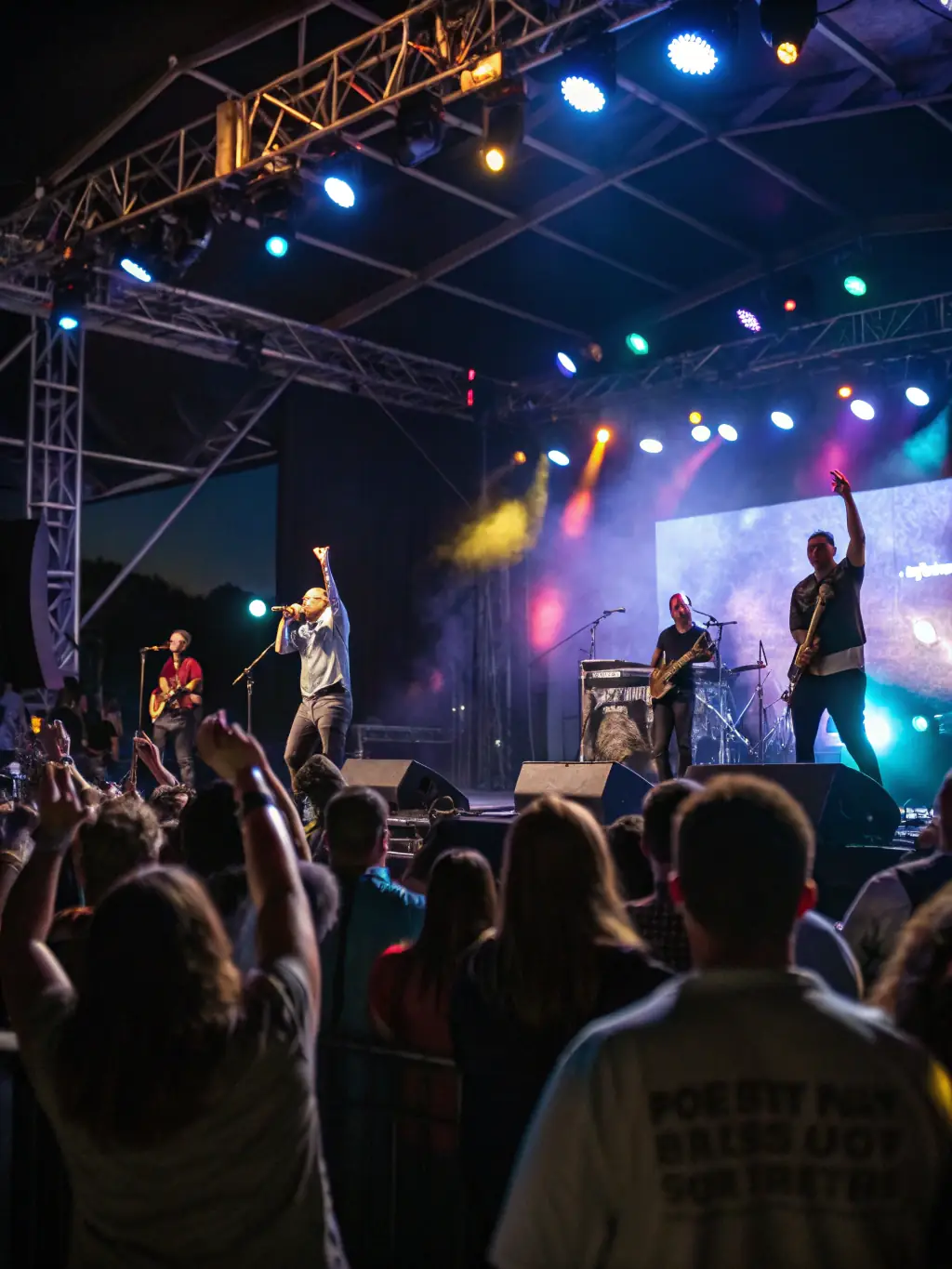 A vibrant photograph capturing a live musical performance organized by HIGHNOON, featuring musicians on stage and an engaged audience, showcasing the energy and community involvement in the event.