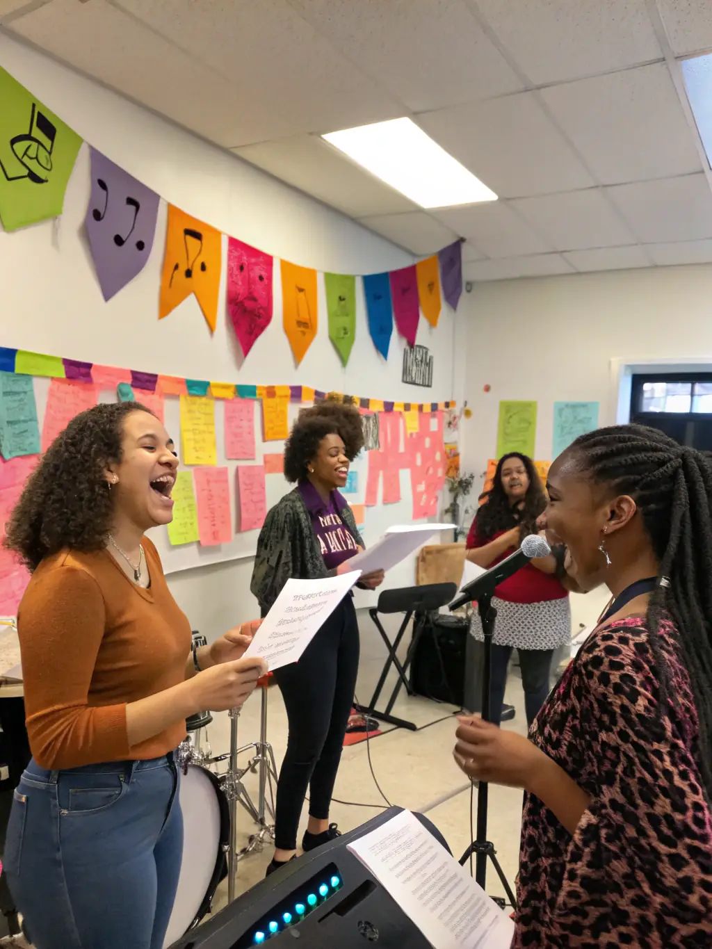 A photo of a cultural workshop facilitated by HIGHNOON, showing participants actively engaged in learning about music, with instruments and educational materials visible.