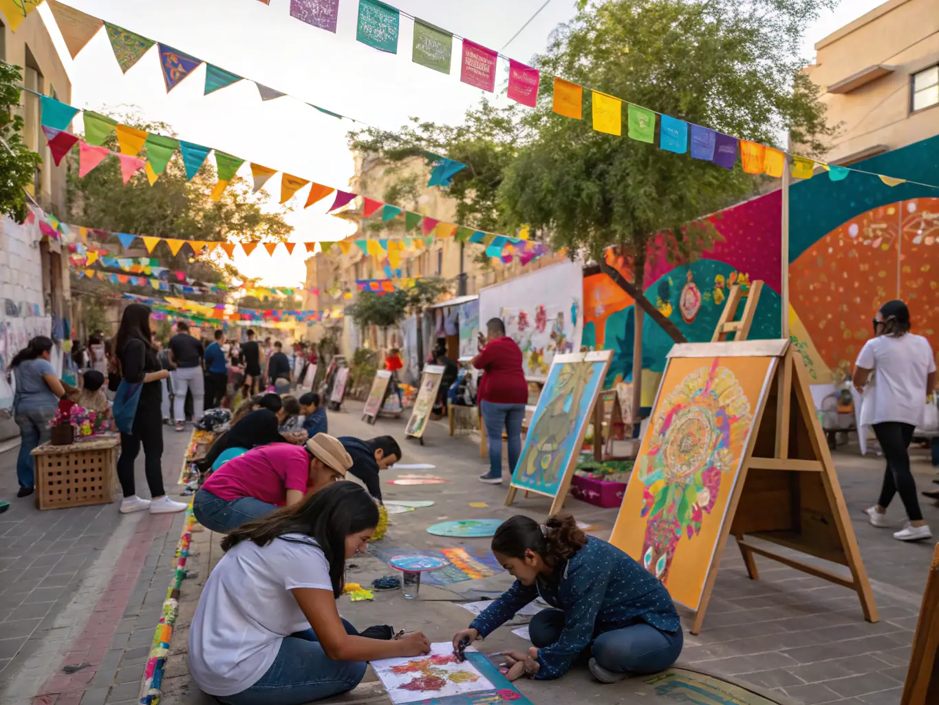 A photograph of a community arts festival, showcasing various art installations, craft booths, and live performances, with families and individuals of all ages participating in the activities.