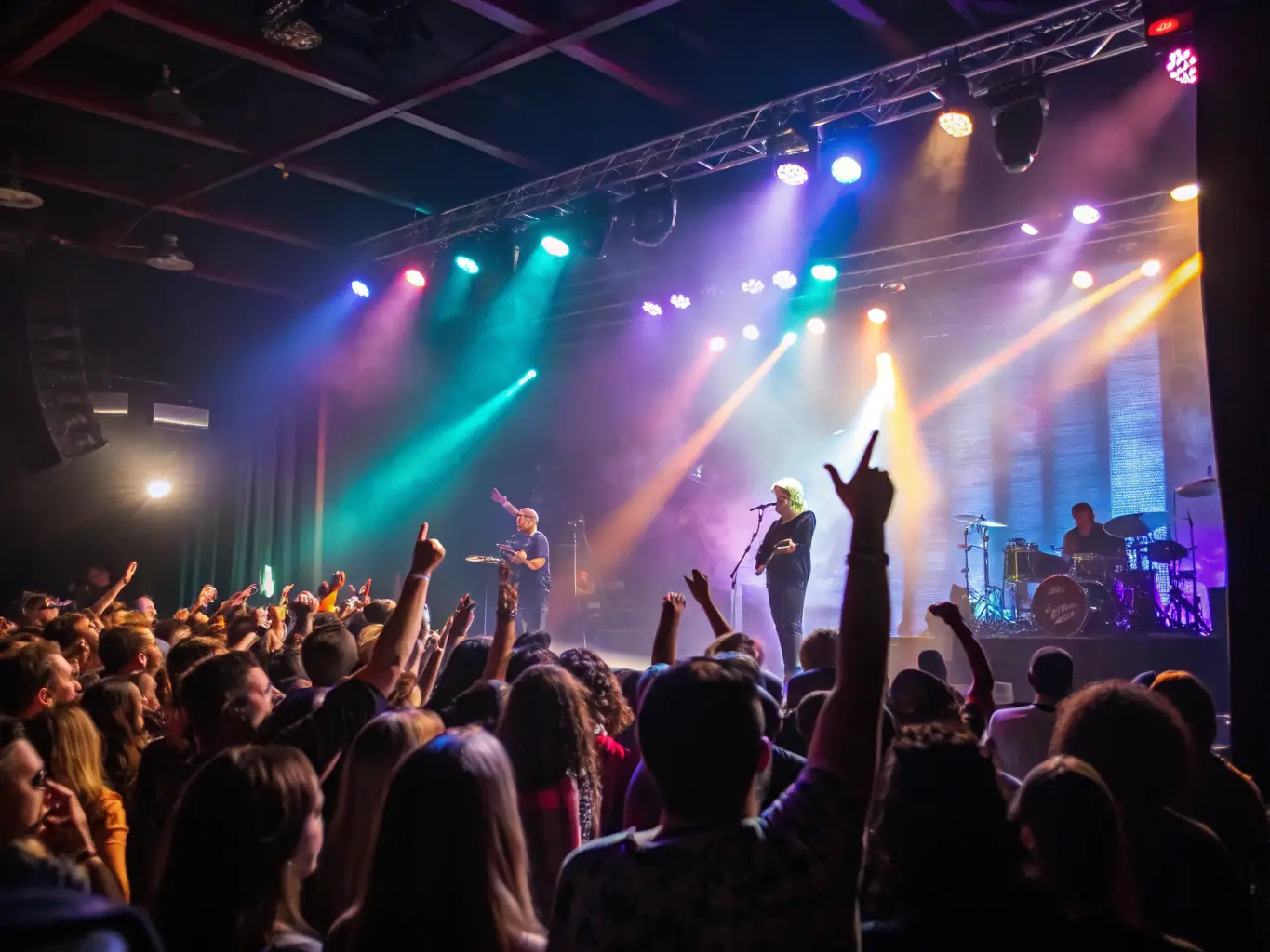 A photograph capturing the vibrant atmosphere of a HIGHNOON concert, with musicians on stage and an engaged audience, emphasizing the cultural exposure and artistic appreciation.