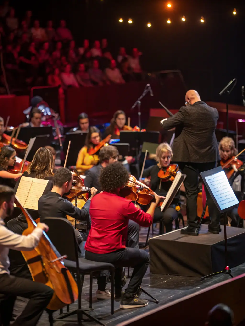 A vibrant image of a HIGHNOON-sponsored concert featuring a local orchestra, showcasing the energy and community engagement of the event. The focus is on the musicians and the enthusiastic audience.