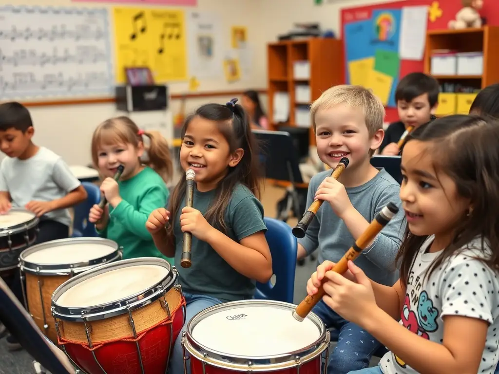 A photo of children participating in a music workshop, highlighting HIGHNOON's commitment to music education and cultural enrichment for young people.